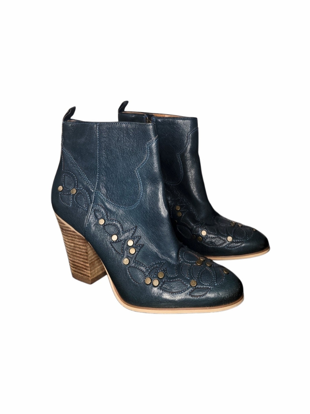 Vintage Nine West Dark Western Blue Leather Embellished Ankle Boots!